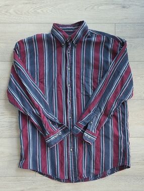 Vintage Men's L Striped Button-Down Shirt in Burgundy & Navy